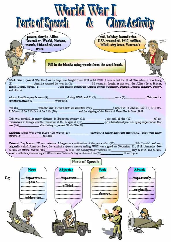 Parts Of Speech Nouns, Adjectives, Verbs, Adverbs Cloze Activity About World War Worksheet Preview
