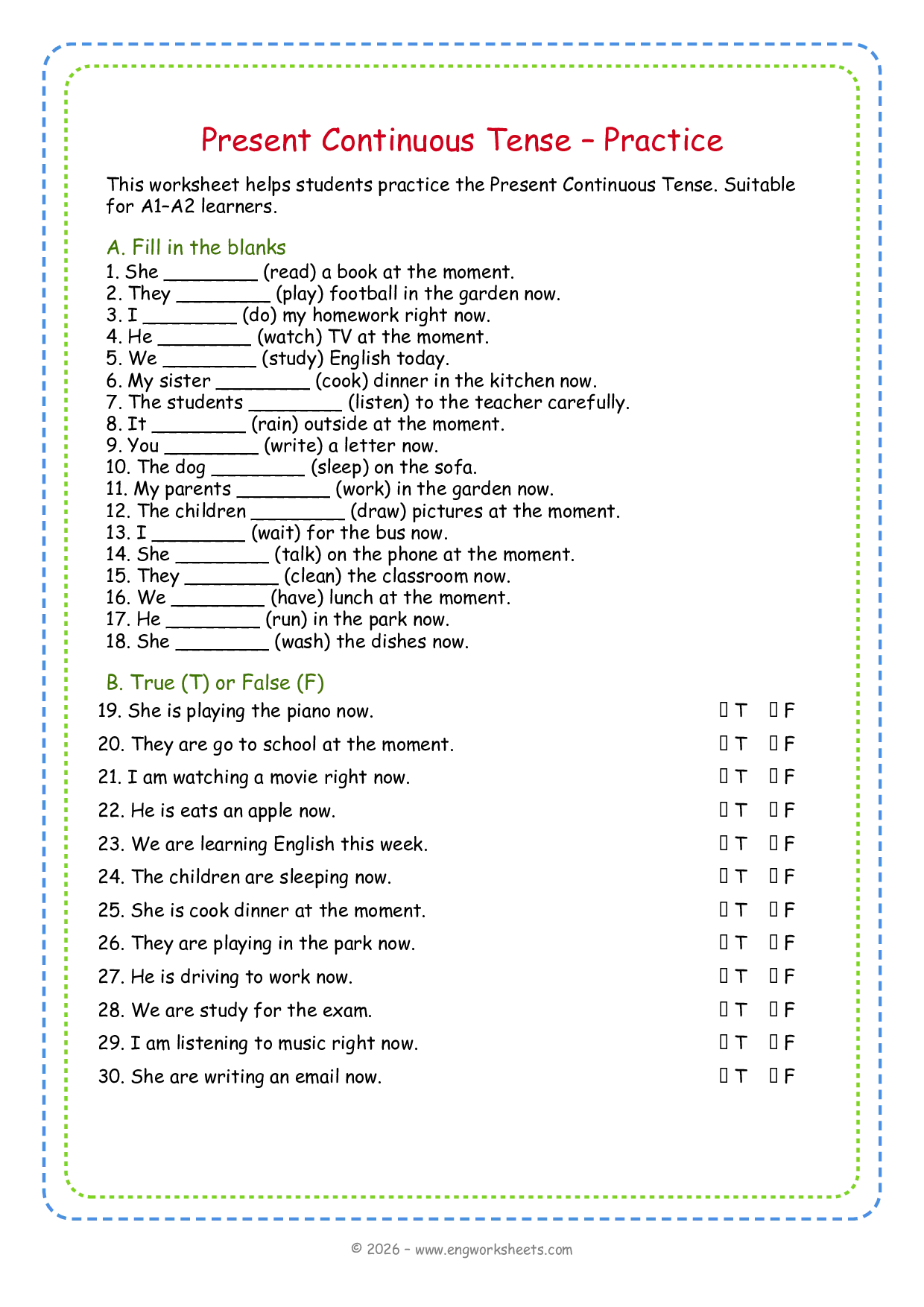 Present Continuous Tense Practice Worksheet for ESL Students Worksheet Preview