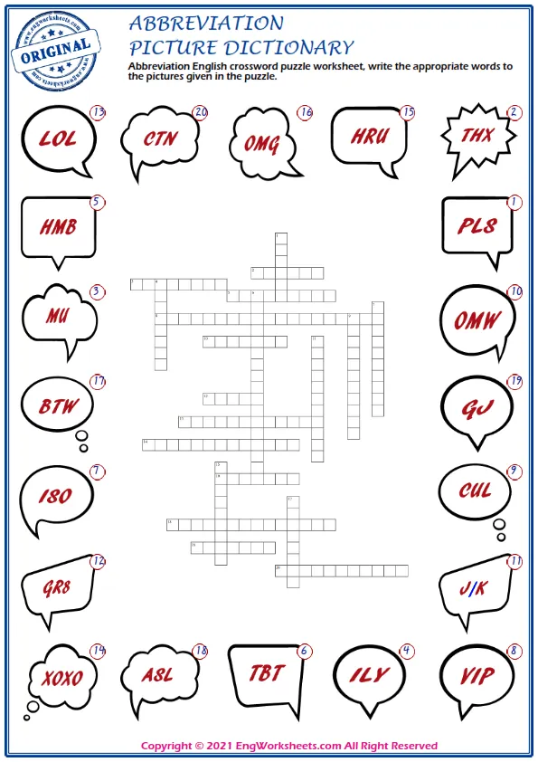 Abbreviation English crossword puzzle worksheet, write the appropriate words to the pictures given in the puzzle. Worksheet Preview