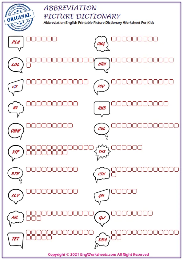 Abbreviation English Printable Picture Dictionary Worksheet For Kids Worksheet Preview