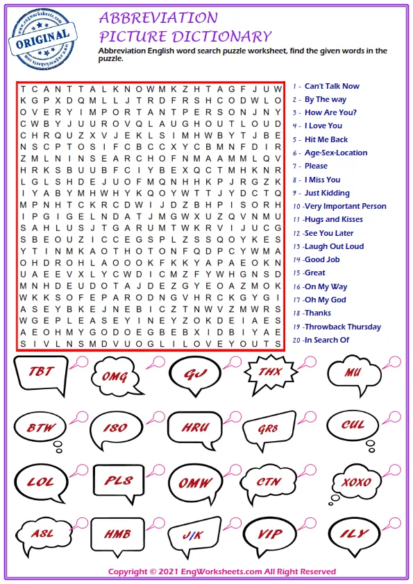 Abbreviation English word search puzzle worksheet, find the given words in the puzzle. Worksheet Preview
