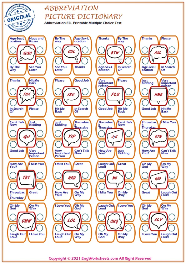 Abbreviation ESL Printable Multiple Choice Test. Worksheet Preview