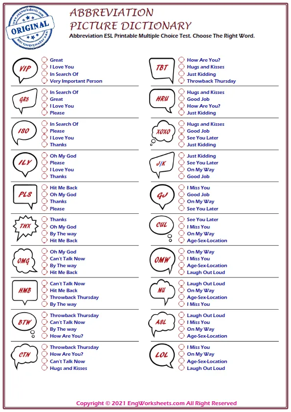 Abbreviation ESL Printable Multiple Choice Test. Choose The Right Word. Worksheet Preview