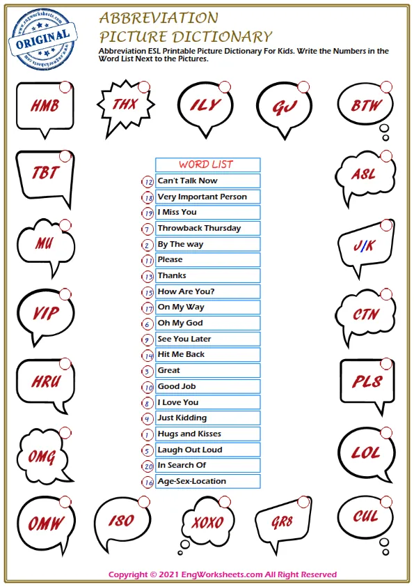 Abbreviation ESL Printable Picture Dictionary For Kids. Write the Numbers in the Word List Next to the Pictures. Worksheet Preview