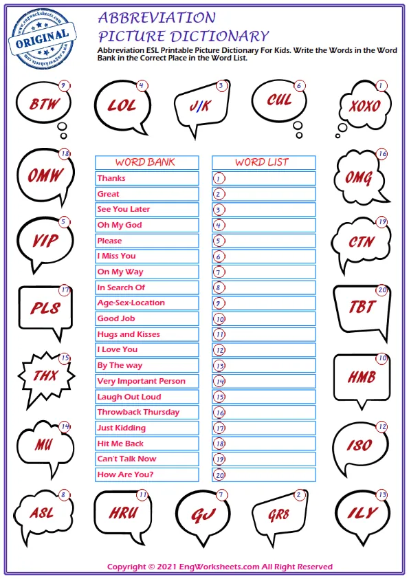 Abbreviation ESL Printable Picture Dictionary For Kids. Write the Words in the Word Bank in the Correct Place in the Word List. Worksheet Preview