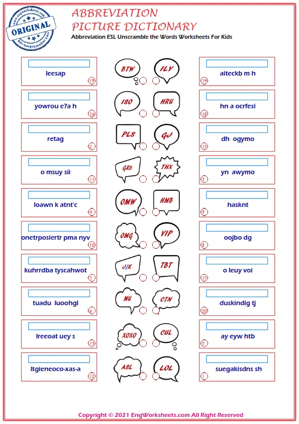 Abbreviation ESL Unscramble the Words Worksheets For Kids Worksheet Preview
