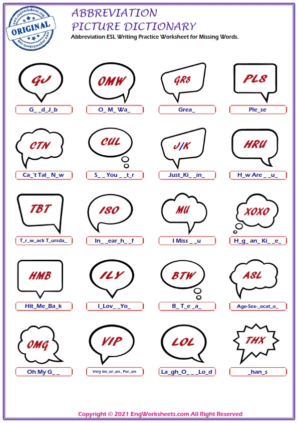 Abbreviation ESL Writing Practice Worksheet for Missing Words. Worksheet Preview