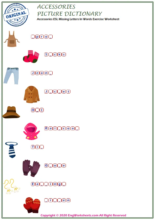 Accessories ESL Missing Letters In Words Exercise Worksheet Worksheet Preview