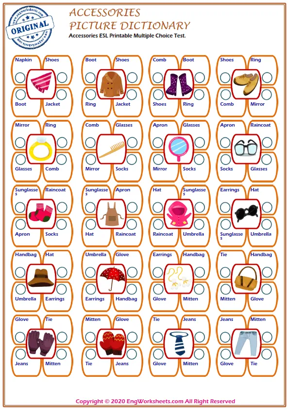 Accessories ESL Printable Multiple Choice Test. Worksheet Preview
