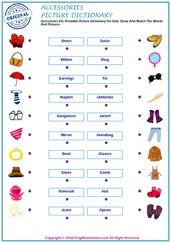 Accessories ESL Printable Picture Dictionary For Kids. Draw And Match The Words And Pictures. Worksheet Preview