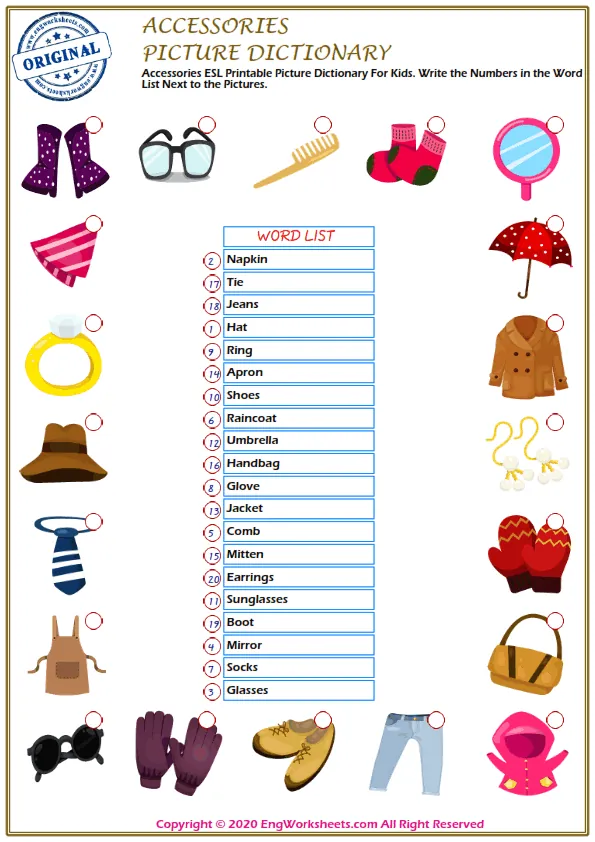 Accessories ESL Printable Picture Dictionary For Kids. Write the Numbers in the Word List Next to the Pictures. Worksheet Preview