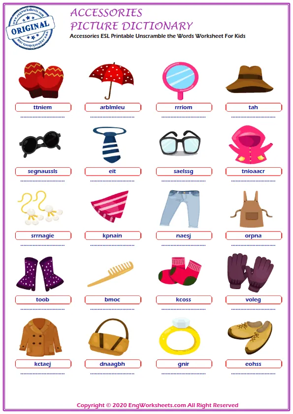 Accessories ESL Printable Unscramble the Words Worksheet For Kids Worksheet Preview