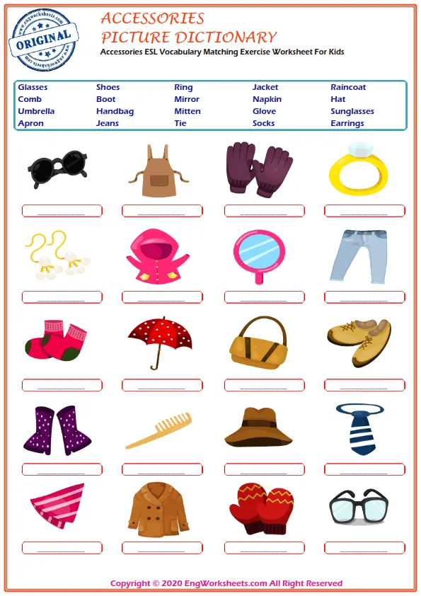 Accessories ESL Vocabulary Matching Exercise Worksheet For Kids Worksheet Preview