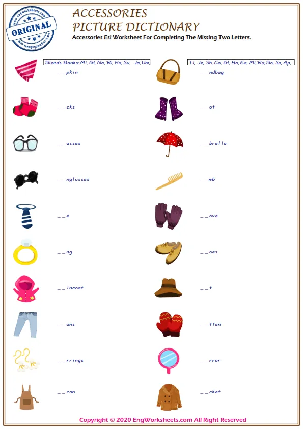 Accessories Esl Worksheet For Completing The Missing Two Letters. Worksheet Preview