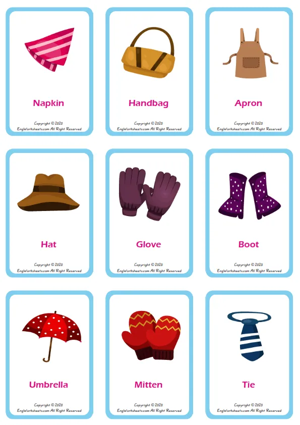 Accessories vocabulary worksheet with words, nine images per page Worksheet Preview