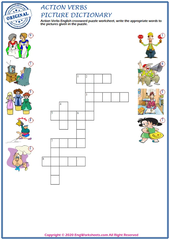 Action Verbs English crossword puzzle worksheet, write the appropriate words to the pictures given in the puzzle. Worksheet Preview