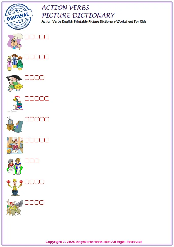 Action Verbs English Printable Picture Dictionary Worksheet For Kids Worksheet Preview