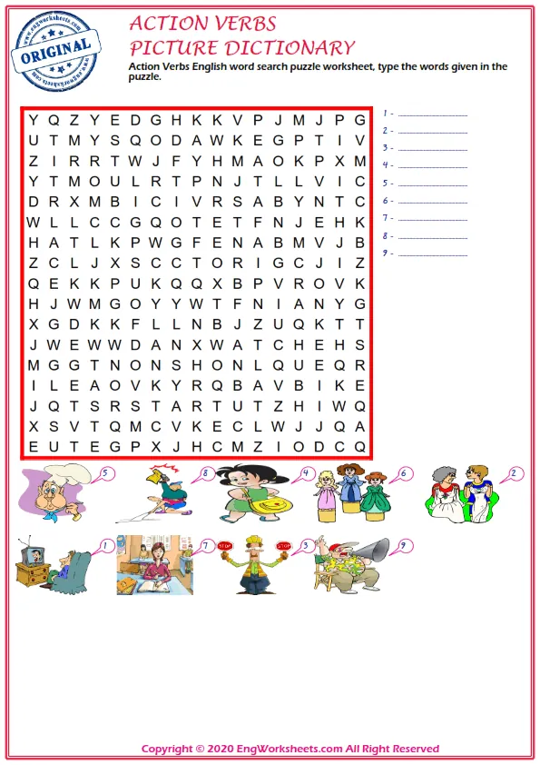 Action Verbs English word search puzzle worksheet, type the words given in the puzzle. Worksheet Preview