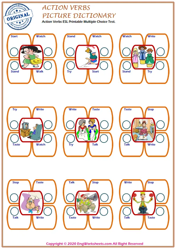 Action Verbs ESL Printable Multiple Choice Test. Worksheet Preview