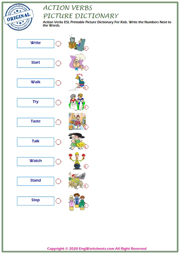 Action Verbs ESL Printable Picture Dictionary For Kids. Write the Numbers Next to the Words. Worksheet Preview