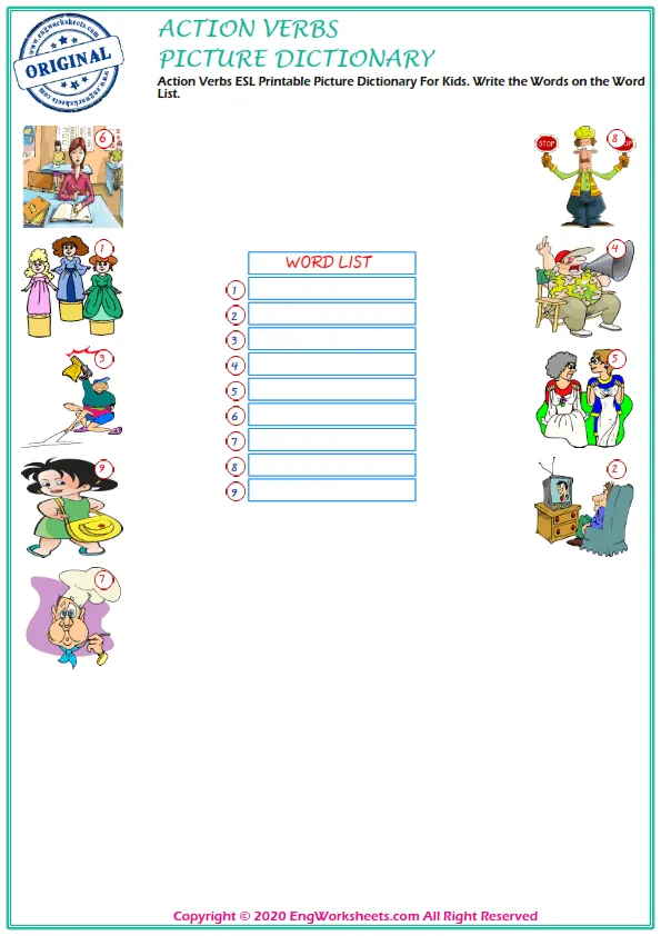 Action Verbs ESL Printable Picture Dictionary For Kids. Write the Words on the Word List. Worksheet Preview