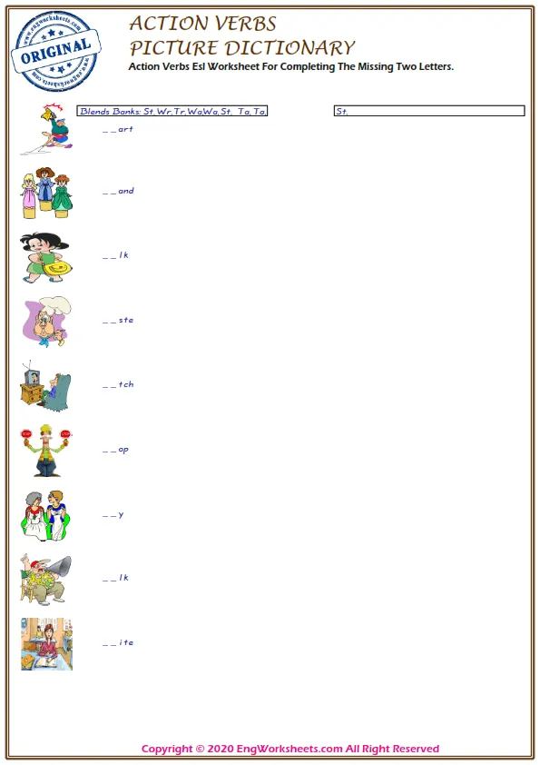 Action Verbs Esl Worksheet For Completing The Missing Two Letters. Worksheet Preview