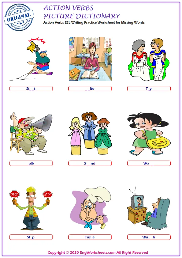 Action Verbs ESL Writing Practice Worksheet for Missing Words. Worksheet Preview