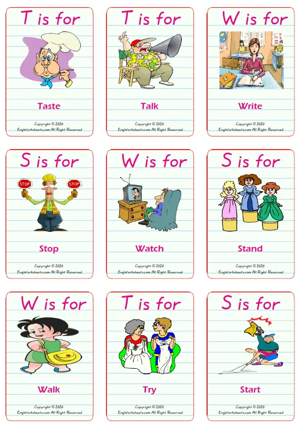 Action Verbs vocabulary worksheet with words, nine images per page Worksheet Preview