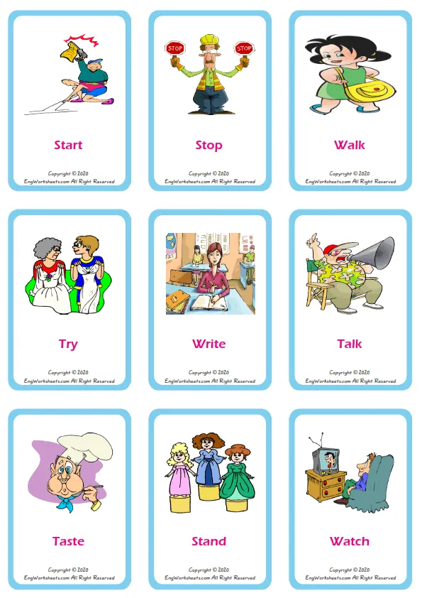 Action Verbs vocabulary worksheet with words, nine images per page Worksheet Preview