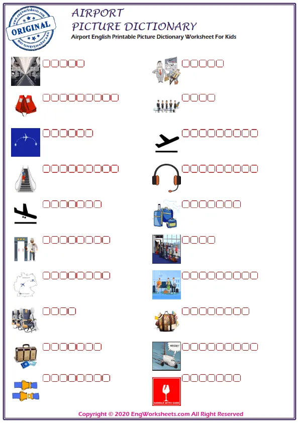 Airport English Printable Picture Dictionary Worksheet For Kids