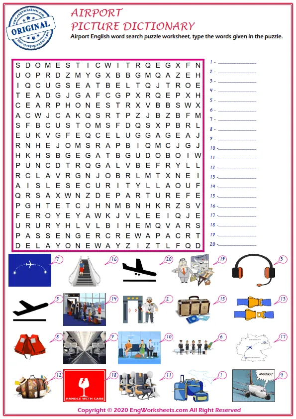 Airport English word search puzzle worksheet, type the words given in the puzzle. Worksheet Preview