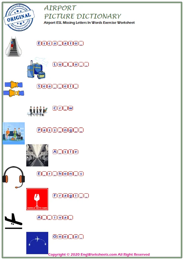 Airport ESL Missing Letters In Words Exercise Worksheet Worksheet Preview