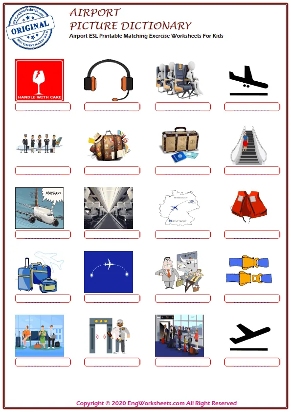 Airport ESL Printable Matching Exercise Worksheets For Kids