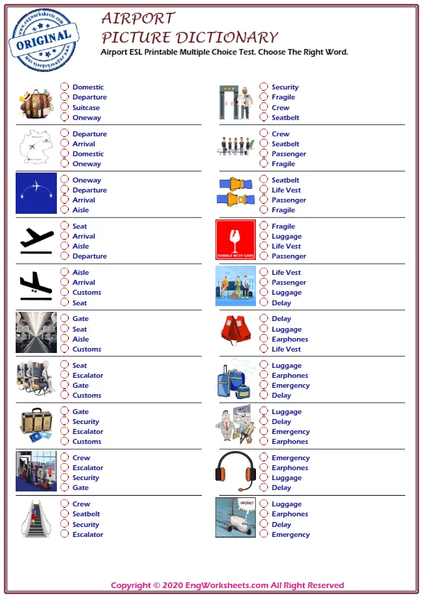 Airport ESL Printable Multiple Choice Test. Choose The Right Word.