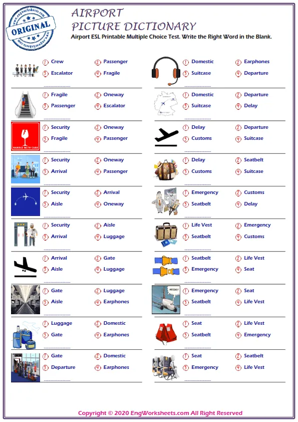 Airport ESL Printable Multiple Choice Test. Write the Right Word in the Blank.