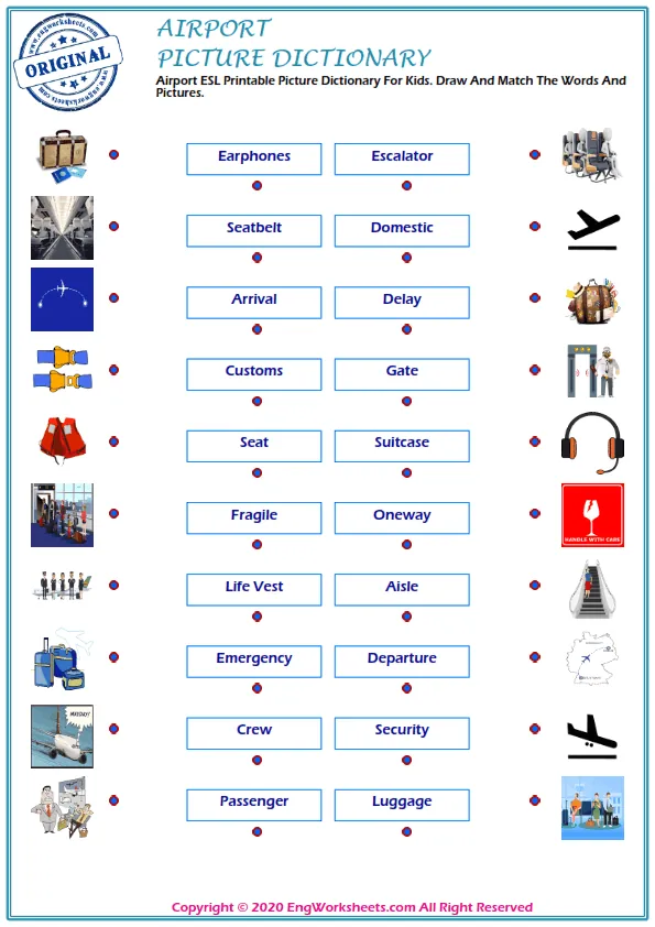 Airport ESL Printable Picture Dictionary For Kids. Draw And Match The Words And Pictures.