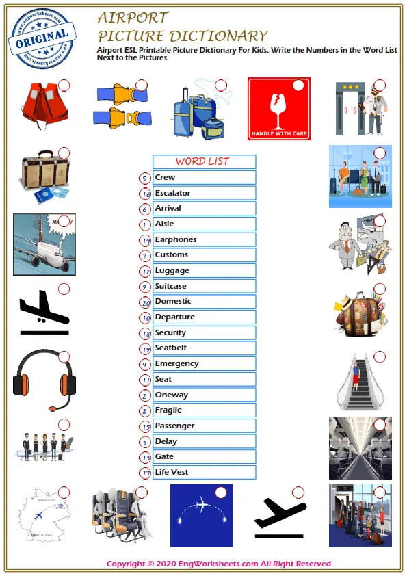 Airport ESL Printable Picture Dictionary For Kids. Write the Numbers in the Word List Next to the Pictures.