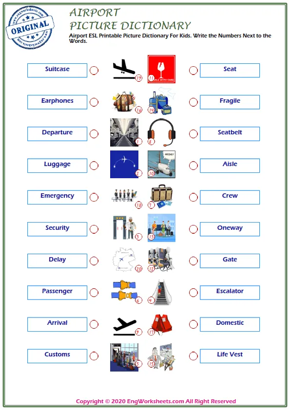 Airport ESL Printable Picture Dictionary For Kids. Write the Numbers Next to the Words.