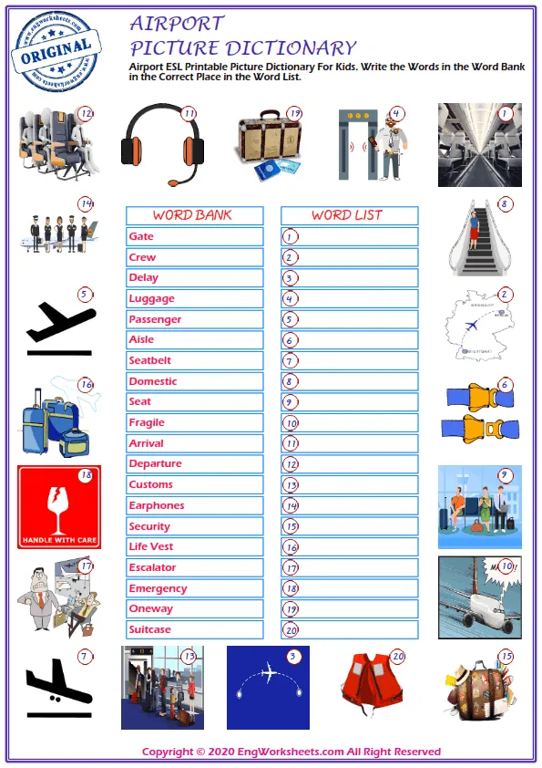 Airport ESL Printable Picture Dictionary For Kids. Write the Words in the Word Bank in the Correct Place in the Word List. Worksheet Preview