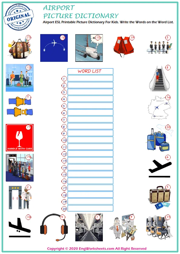 Airport ESL Printable Picture Dictionary For Kids. Write the Words on the Word List.