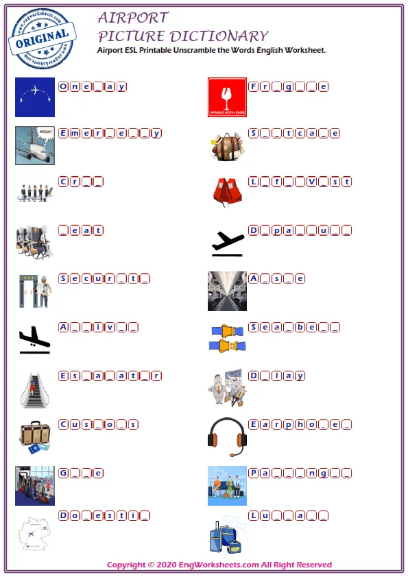 Airport ESL Printable Unscramble the Words English Worksheet. Worksheet Preview