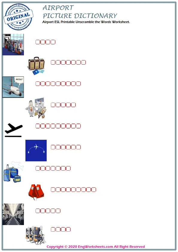 Airport ESL Printable Unscramble the Words Worksheet. Worksheet Preview