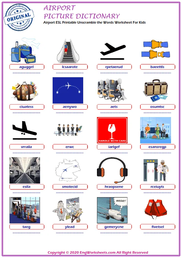 Airport ESL Printable Unscramble the Words Worksheet For Kids Worksheet Preview