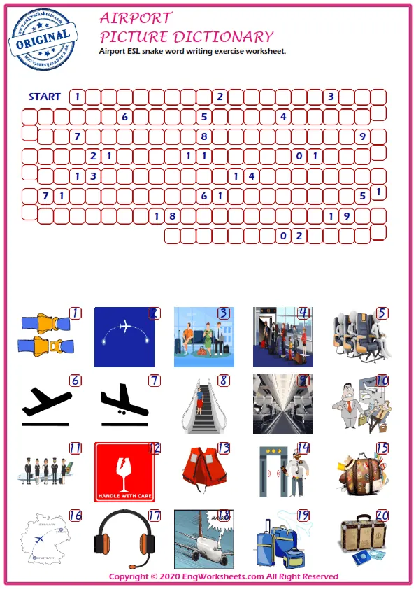 Airport ESL snake word writing exercise worksheet.