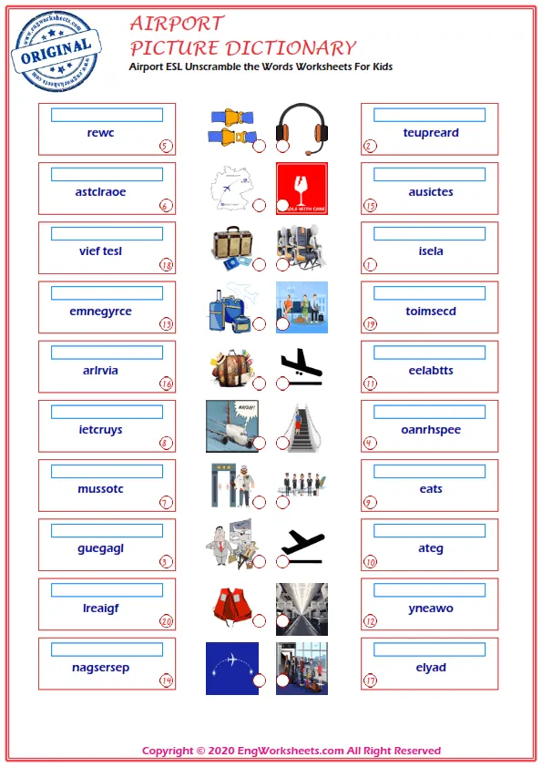 Airport ESL Unscramble the Words Worksheets For Kids