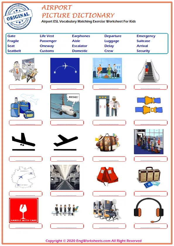 Airport ESL Vocabulary Matching Exercise Worksheet For Kids