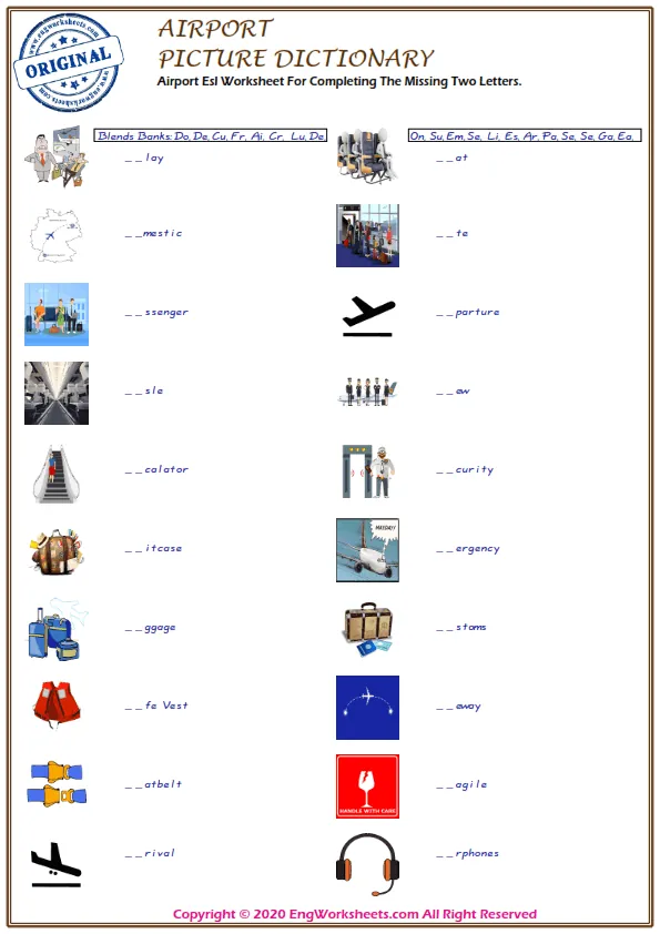Airport Esl Worksheet For Completing The Missing Two Letters.