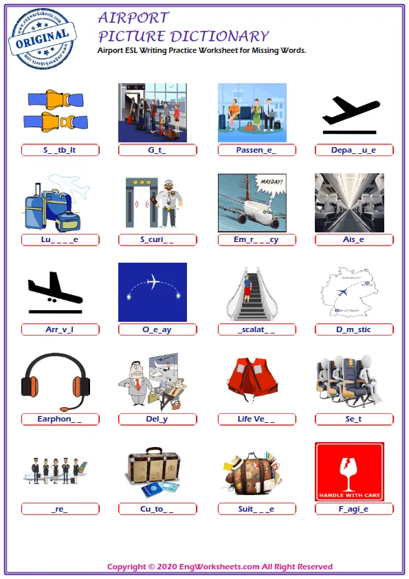Airport ESL Writing Practice Worksheet for Missing Words.