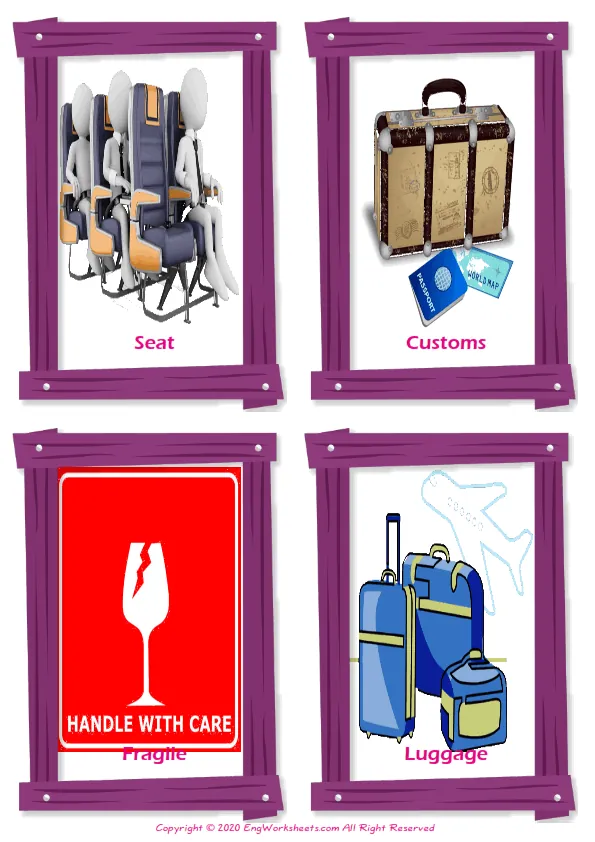 Airport vocabulary worksheet with words, four images per page