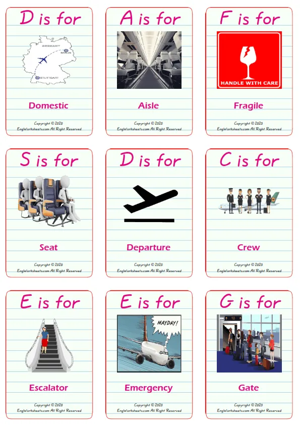 Airport vocabulary worksheet with words, nine images per page